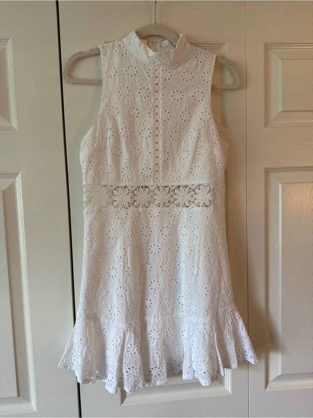 Francesca's Collections White Eyelet Mini Dress with Floral Lace Waist